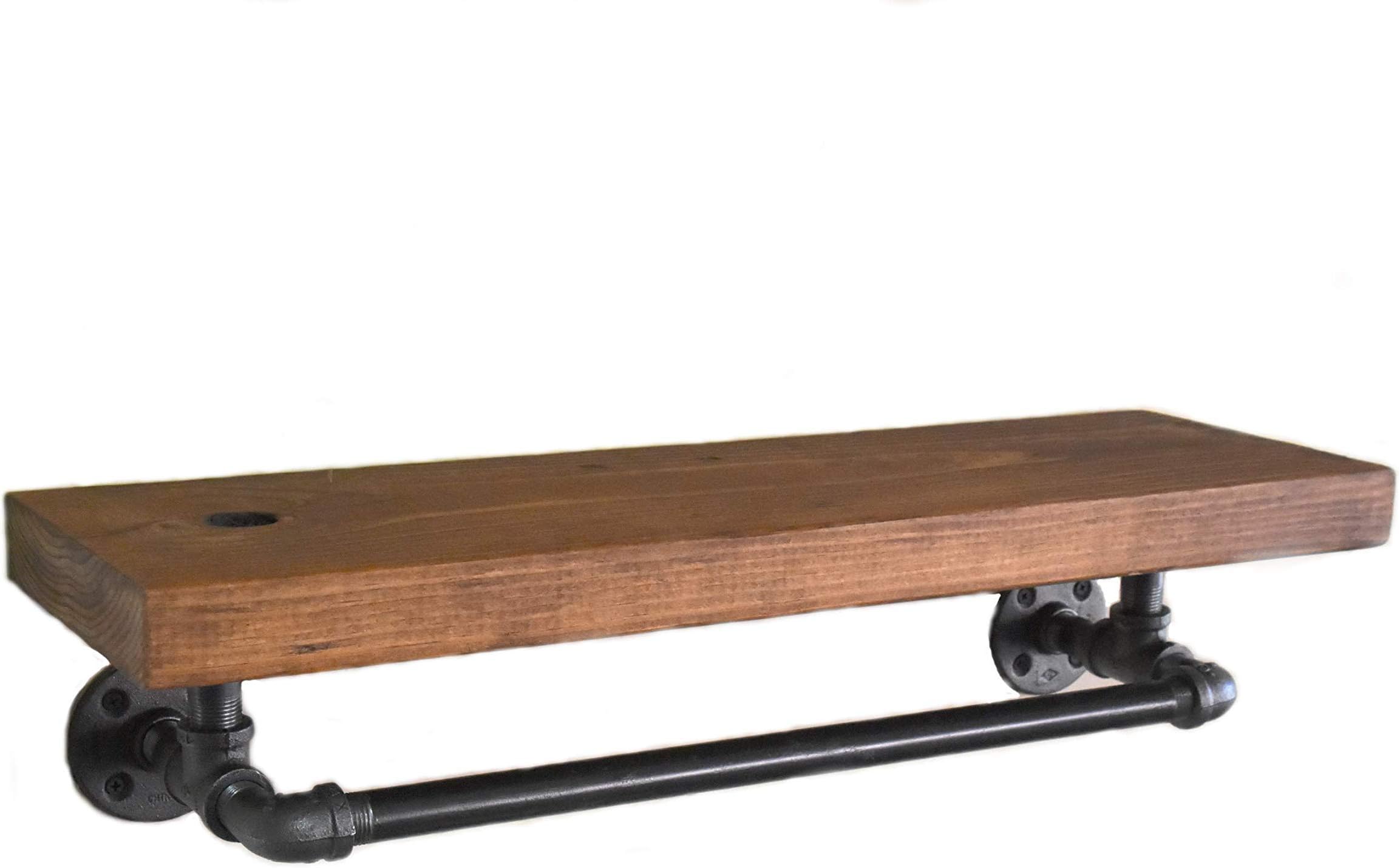 Over The Ledge - 24" Industrial Floating Rustic Farmhouse Shelf with 18" long Iron Pipe Towel Bar. Bathroom Modern Towel and Soap Storage, Farmhouse Open Shelving