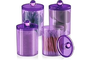XIPENGKEJI 4 Pack Qtip Holder, Apothecary Jars Cotton Ball Holder Dispenser, Bathroom Jars with Lids Set for Cotton Round, Cotton Swab, 10oz Plastic Canisters Restroom Bedroom Vanity Organizer