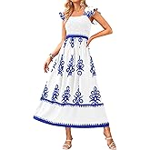 BTFBM Summer Dresses for Women 2026 Floral Smocked Boho Sleeveless Square Neck A Line Casual Beach Maxi Dress Pockets