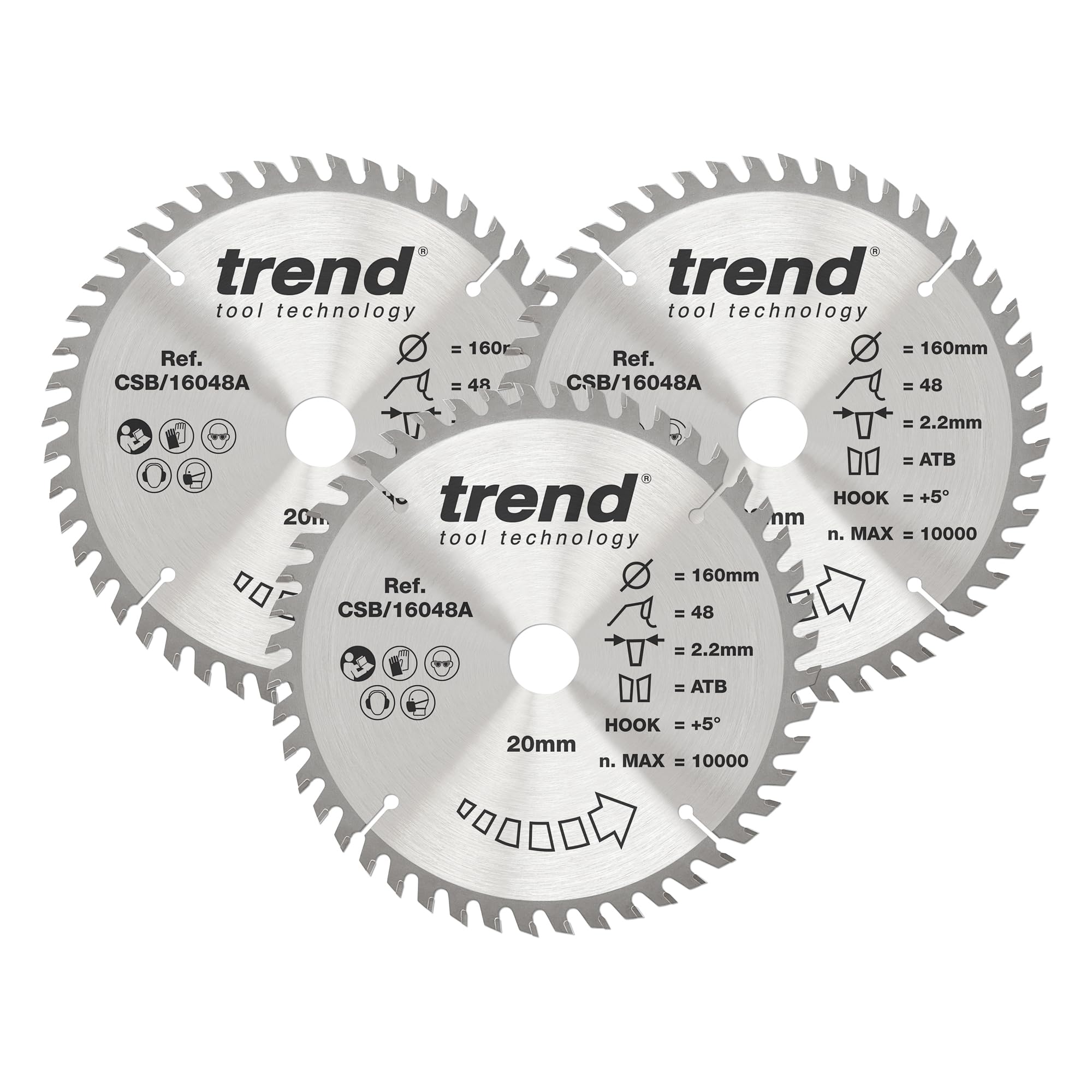 Trend Wood Circular Saw Blades, 160mm Diameter, 20mm Bore, 48 Teeth, 2.2mm Kerf, +15° Hook, TCT, Fine Finish, 3 Pack, CSB/160/3PK