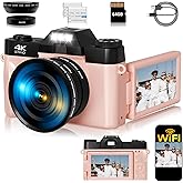 Digital Camera, FHD 75MP 4K WiFi Vlogging Video Camera for YouTube with 3'' 180°Flip Screen, 64GB SD Card, 16x Digital Zoom, 2 Batteries, Point and Shoot Digital Camera for Beginner (Pink)