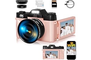 SMARTKLIK Digital Camera, FHD 4K 75MP WiFi Vlogging Video Camera for YouTube with 3'' 180°Flip Screen, 64GB SD Card, 16x Digital Zoom, 2 Batteries, Point and Shoot Digital Camera for Beginner (Pink)