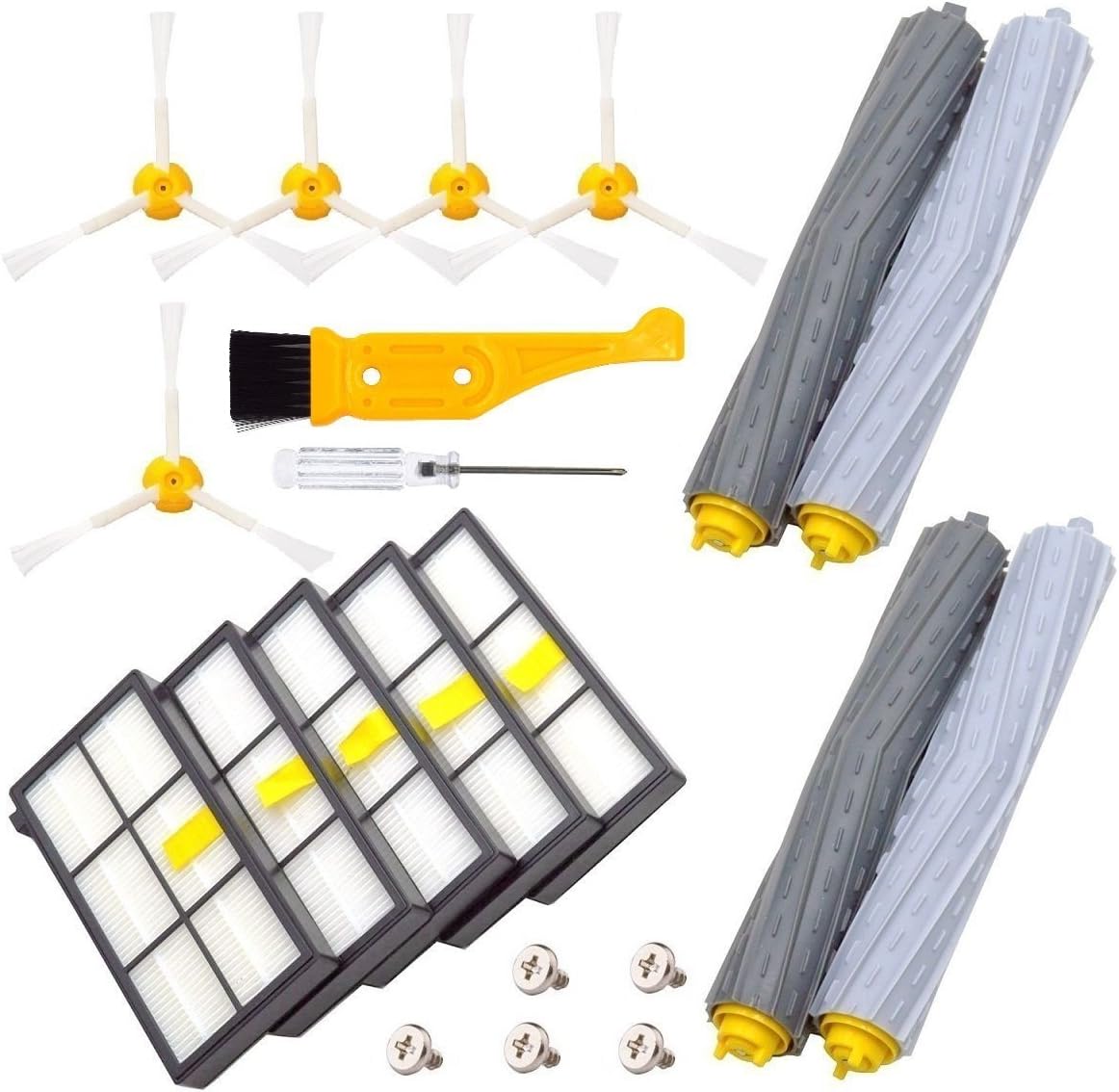 DerBlue Replacement Parts for iRobot Roomba 800 and 900 Series Vacuums, with 5 Pcs Hepa Filter, 5 Pcs 3-ArmedSide Brush, 2 Set Tangle-Free Debris Rollers -