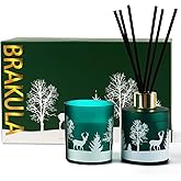 Brakula Christmas Reed Diffuser and Candles Set, 2 Pack/Total 8 oz, Fireside Juniper & Balsam Scented, 6 Diffuser Sticks with Christmas Bottle Design, Home Decor Bedroom Living Room Office