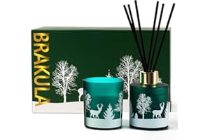 Brakula Christmas Reed Diffuser and Candles Set, 2 Pack/Total 8 oz, Fireside Juniper & Balsam Scented, 6 Diffuser Sticks with Christmas Bottle Design, Home Decor Bedroom Living Room Office