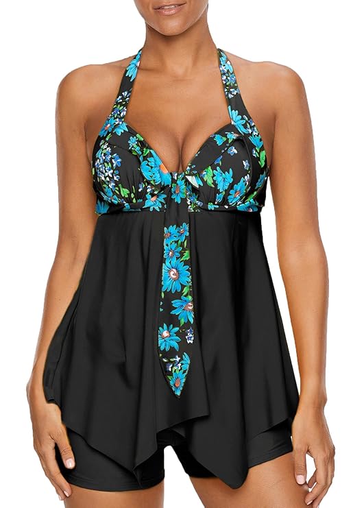 Minasan Sommer Damen Vintage Elegant Floral Muster Drucken Swimwear Casual Strand Halter Push Up Badeanzug Tankini Bikini Set