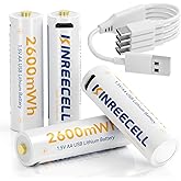 KINREECELL Rechargeable AA Li-Ion Battery, 2600mWh 1.5V Constant Output AA Battery with 4 and 1 USB Cables, 1.5 Hour Fast Charge, 1500 Charge Cycles for Smart Door Locks, Game Controllers (4 Pack)