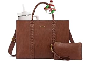 LOVEVOOK Laptop Tote Bag for Women, Vintage Leather Work Bag With Cup Holder, Waterproof Computer Purse, Professional Briefcase Office Shoulder Handbag, 15.6 Inch, Brown