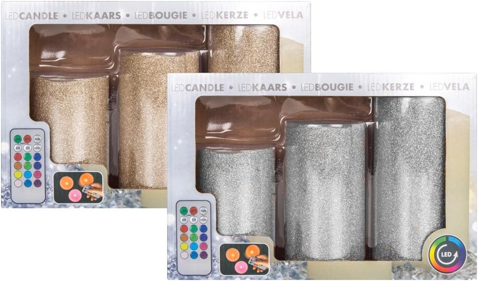 LED Glitter Pillar Colour Changing Candles - 3 Pack GOLD OR SILVER SENT RANDOM