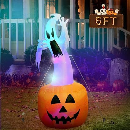 Amazon Com Ourwarm 6ft Halloween Inflatable Blow Up Ghost On Pumpkin With Color Changing Led Inflatables Halloween Outdoor Decorations Garden Outdoor