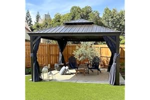 PURPLE LEAF 12' X 12' Hardtop Gazebo Canopy with Netting and Curtains for Outdoor Hot Tub Heavy Duty Backyard Sunshade Deck Metal Roof Patio Permanent Pavilion