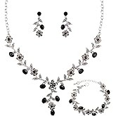 SFE Elegant Austrian Crystal Bridal Bridesmaid Wedding Jewelry Flower Leaf Necklace Dangle Earrings Link Bracelet Jewelry Set for Women