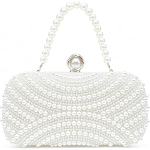 LJMBOEN Pearl Clutch Purse for Women Crystal Beaded Evening Handbag Chain Strap Shoulder Bag for Wedding Bridal Party Prom