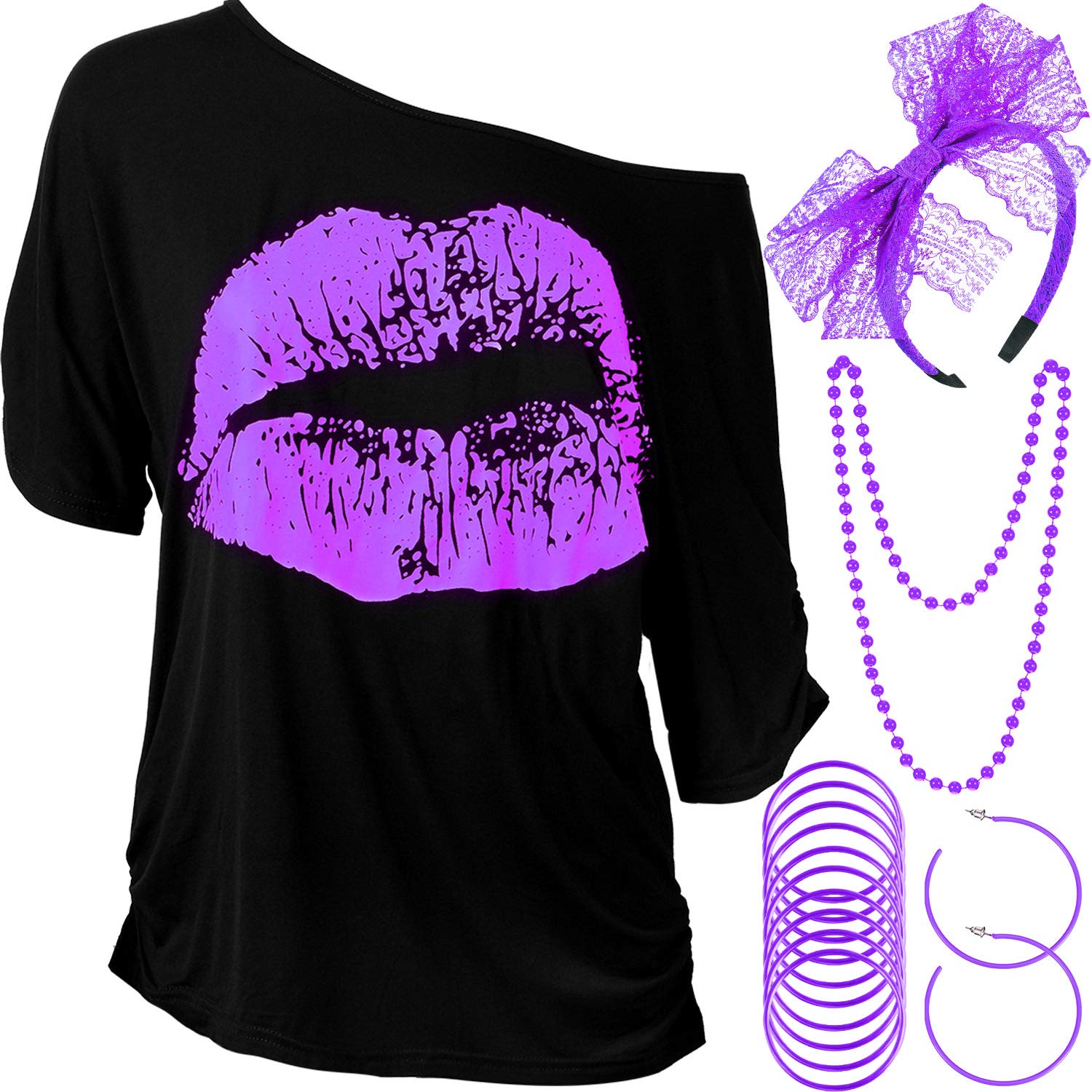 Halloween 80s Outfits Costume Accessories for Women Lips Print T Shirt Lace Headband Earrings Necklace Bracelet