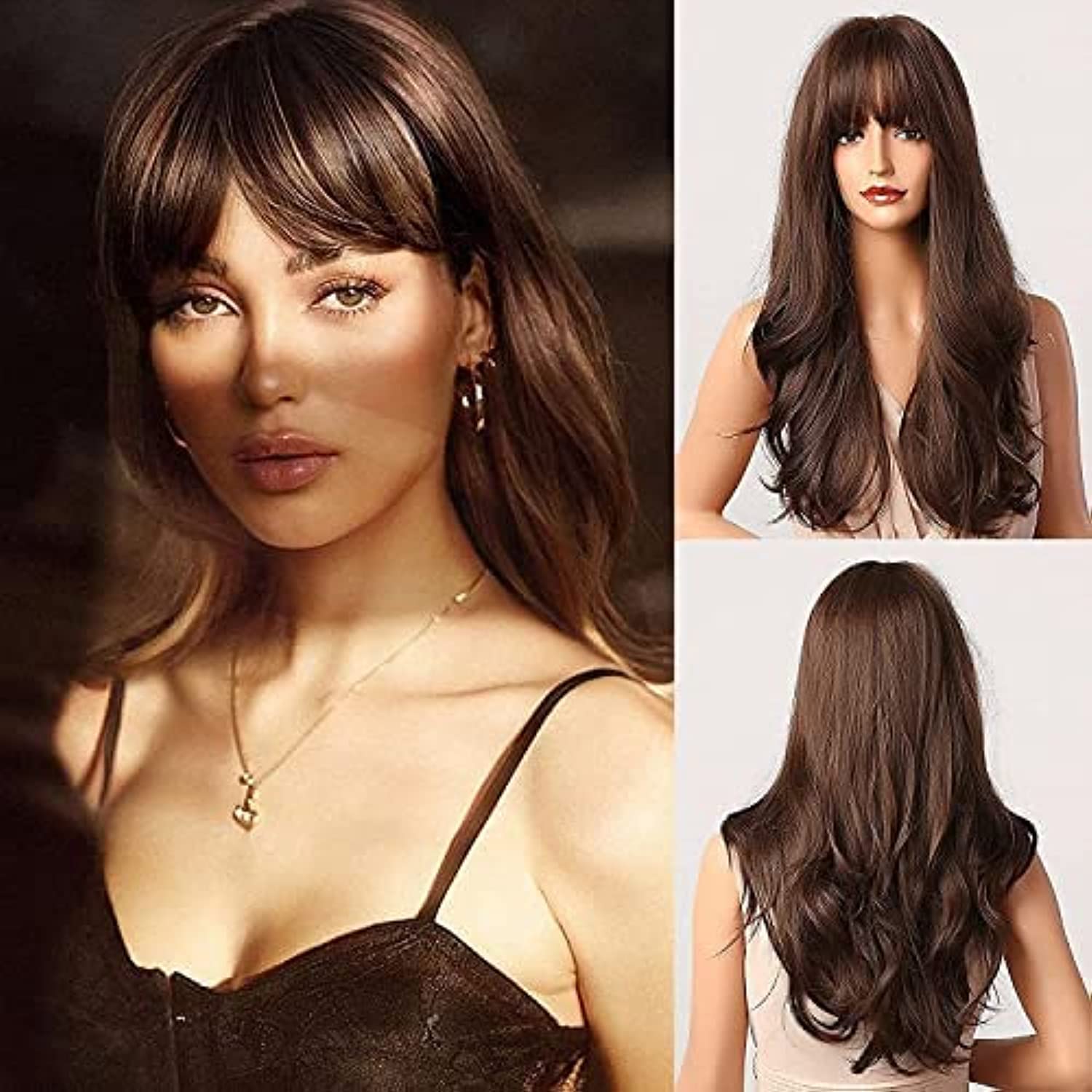 HAIRCUBE Long Wavy Hair Wig with Bangs Synthetic Brown Color for Women Straight Hair with Curly End