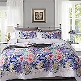 Travan Queen Quilt Set 3-Piece Bedspread Quilted Oversized Lightweight Microfiber Coverlet Set with Shams Violet Purple Floral Pattern Quilted Bedding Set for All Season, Queen