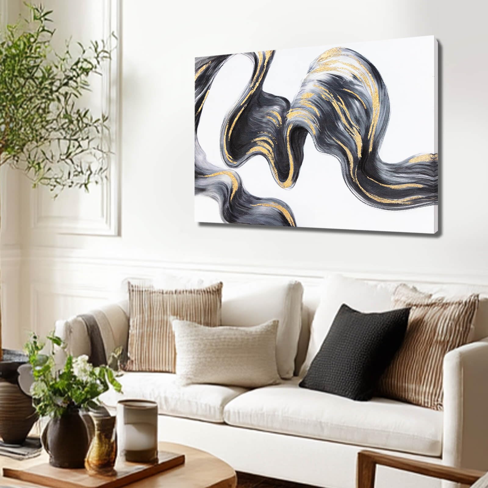 Black Abstract Wall Art Framed Canvas Prints for Bedroom Gold Foil Minimalist Room Decor Modern Wall