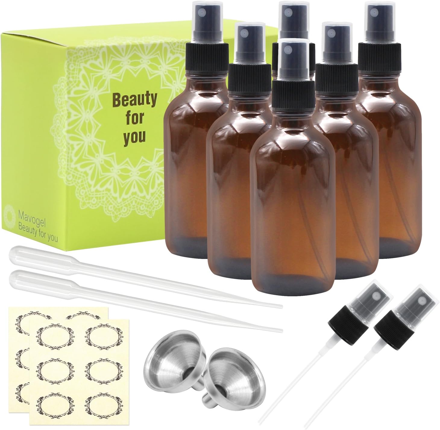 Mavogel Pack of 6, 4 oz Amber Glass Bottles with Black Fine Mist Sprayers-Including 2 Extra Black Fine Mist Sprayers, 2 Stainless Steel Mini Funnel, 2 Transfer Pipettes, 6 Bottle Labels