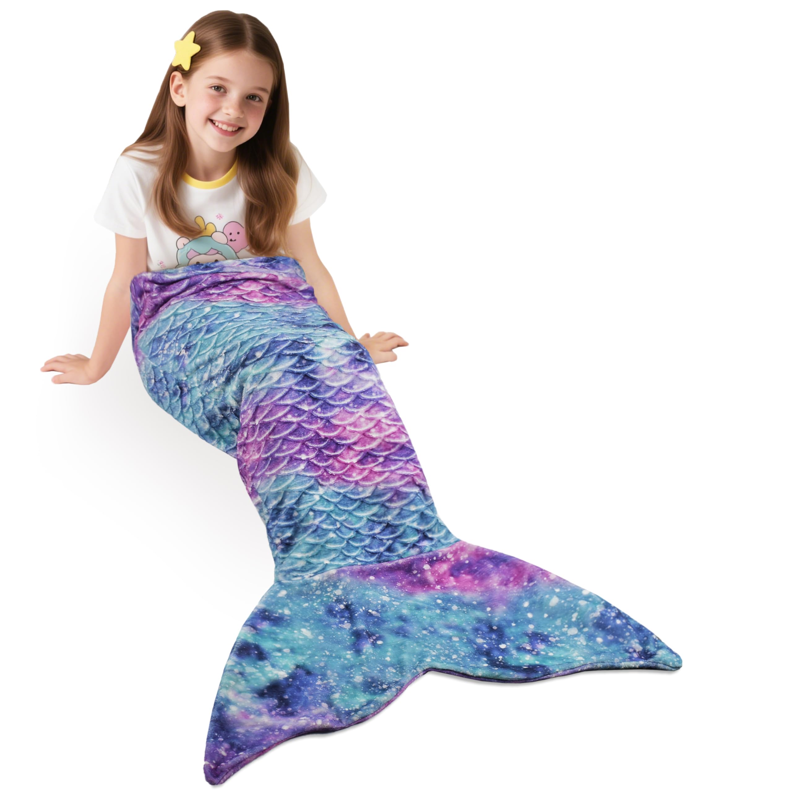 Catalonia Classy Mermaid Tail Blanket, Soft Warm Plush Fleece Sleeping Bag Snuggle Blanket for Teens 155 x 48 cm Rainbow Ombre, Fish Scale Pattern, Starry SKY
