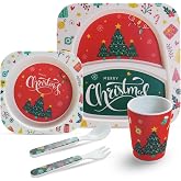 Bamboo Toddler Baby Plates and Bowls Set, 5Pcs Kids Plates Dinnerware Set | Christmas Toddler Dinnerware Plate Set, Baby Christmas Dishes Set Include Divided Plate, Bowl, Tumbler and Utensils