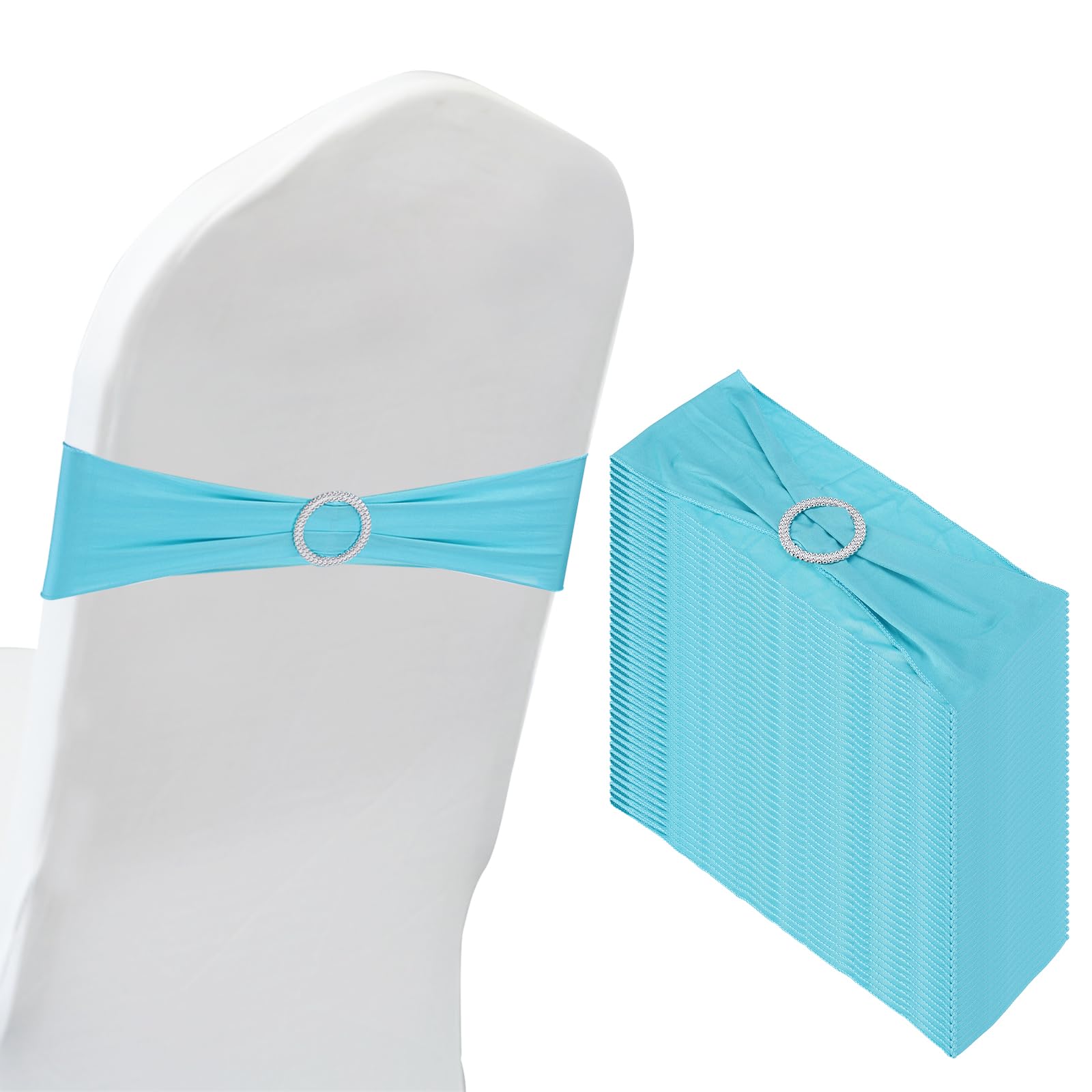 PATIKIL 14"x5" Stretch Chair Sashes Bows, 50 Pack Elastic Chair Bands Sashes with Buckle Slider for Wedding Banquet Decorations, Blue