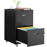 SteeLoong 2 Drawer File Cabinet with Lock,Black Rolling File Cabinet for Home Office, Metal Small Mobile Filing Cabinets on Wheels for Hanging Letter