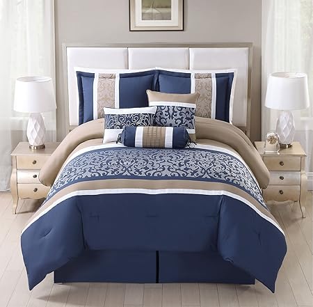 7 Piece King Alondra Navy Taupe Comforter Set Amazon Co Uk