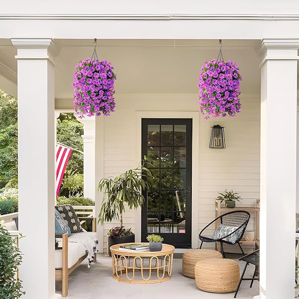 INQCMY ARTIFICIAL FLOWERS FOR OUTDOOR SPRING SUMMER DECORATION FAUX SILK MORNING GLORY FAKE HANGING FLOWERS UV RESISTANT LOOK REAL FOR HOME PORCH (3PCS PURPLE OMBRE+1 BASKE)