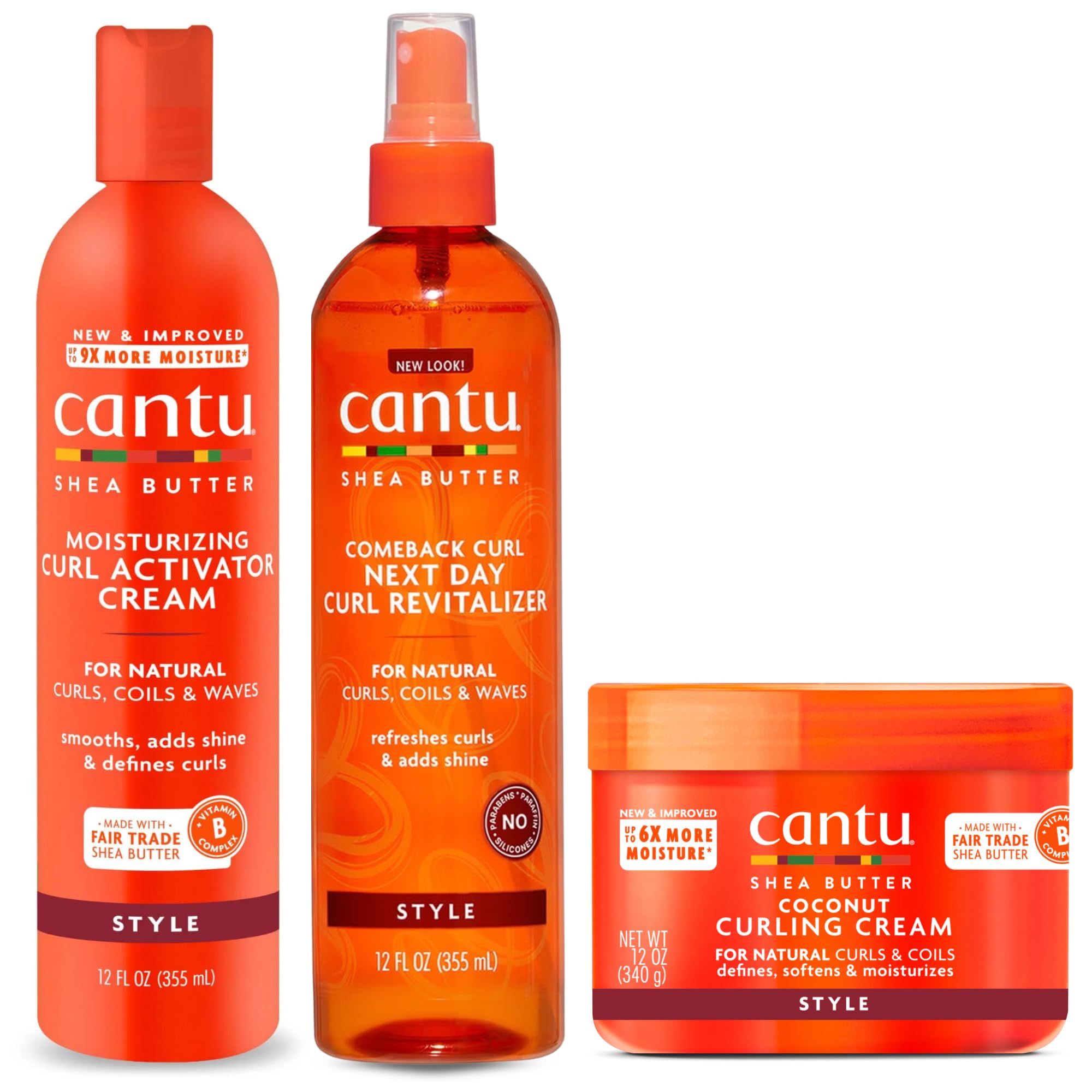 Cantu Shea Butter Comeback Curl Next Day Curl Revitalizer, Curl Activator Cream & Coconut Curling Cream (Set of 3)