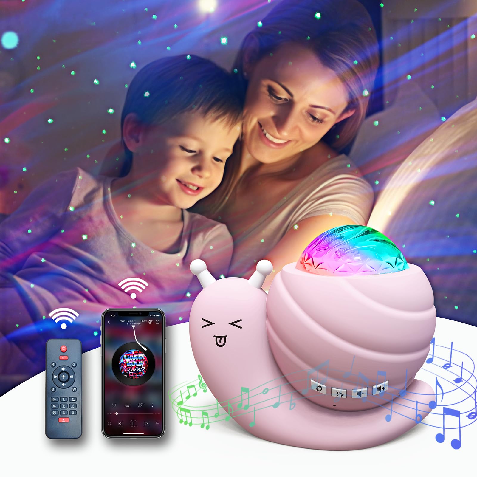 Mycket Star Projector Night Light, 4 in 1 Aurora Galaxy Projector Lights, Snail Kids Night Lights for Bedroom with Remote/Music Bluetooth Speaker/Colors Changing/Timer Fuction for Kids Adults Gifts
