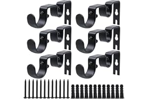 Shonmogar Double Curtain Rod Bracket 6 Pack Metal Curtain Rod Holders for Wall Sturdy Curtain Bracket for 1 Inch Curtain Rod Black Wall Mounted Curtain Rod Hooks for Bedroom Living Room Patio