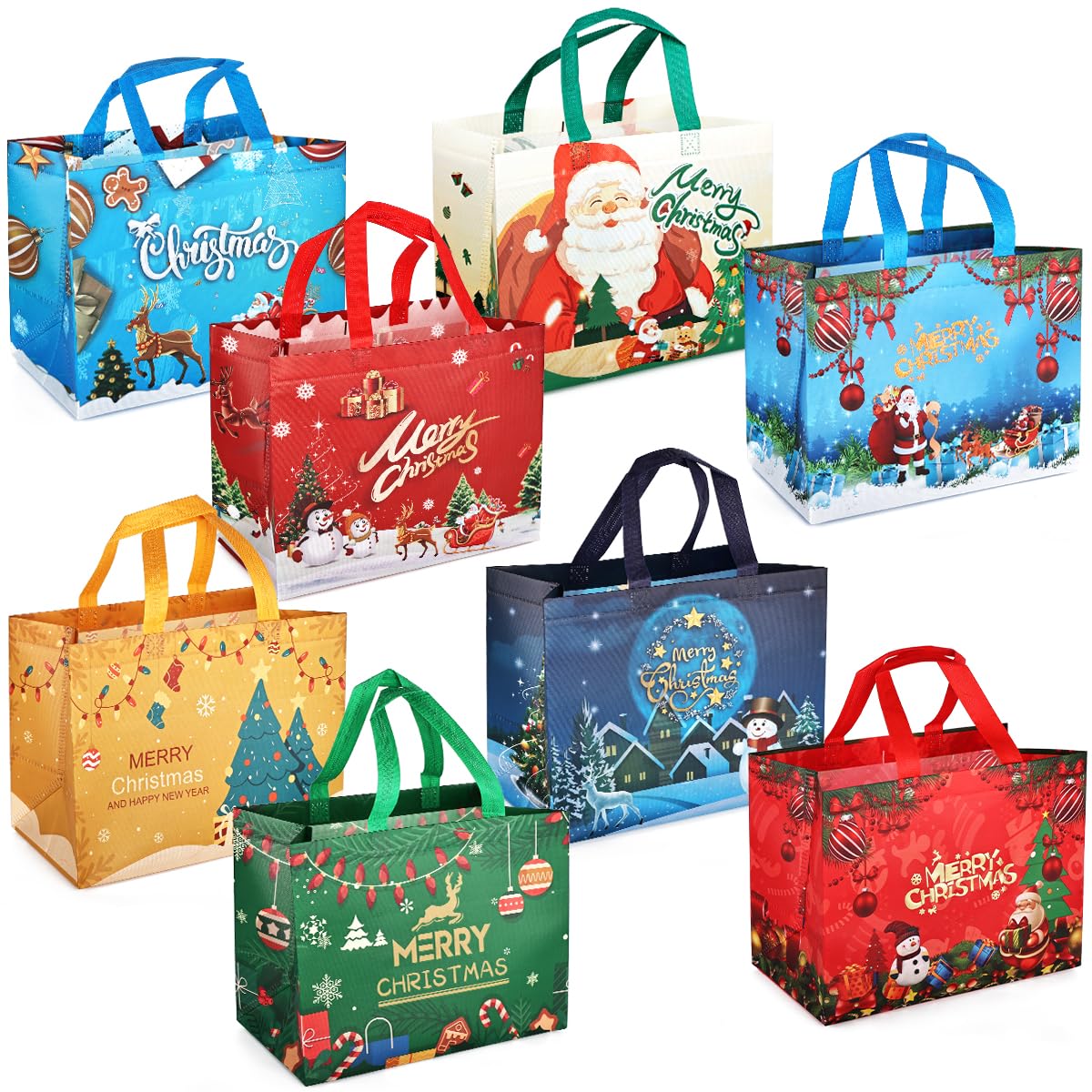 Aviski 8PCS Christmas Gift Bags,Christmas Tote Bags with Handles, Christmas Treat Bags, Multifunctional Non-Woven Christmas Bags for Gifts Wrapping Shopping, Xmas Party Supplies, 32.5×25×17cm
