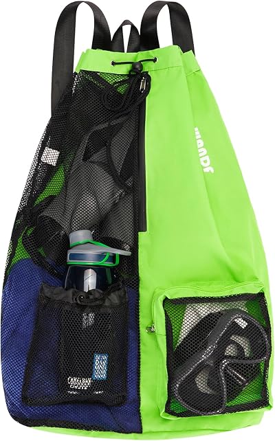 WANDF Swim Bag Mesh Drawstring Backpack XL Green Wet Pocket