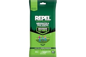 Repel Insect Repellent Mosquito & Tick Wipes 12% Picaridin, Repels Mosquitoes and Ticks for Up to 10 Hours in A Convenient Travel Wipe for Whole-Family Mosquito and Tick Protection,15 Count, 3 Ounces