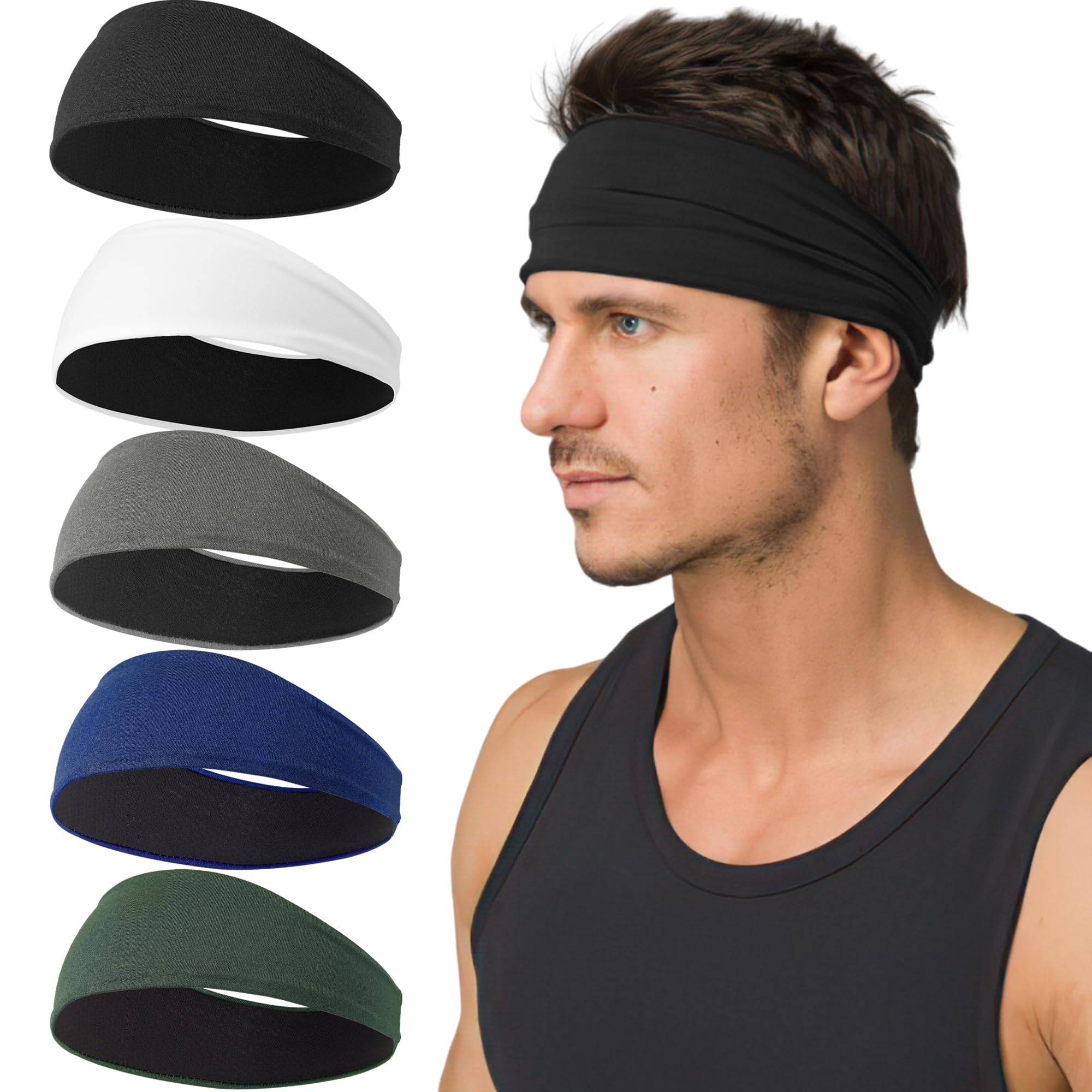 Photo 1 of 5 Pack Sports Headband for Men, Breathable Mesh Design, Reused & Washed Mens Headband Sweat Bands for Running Yoga Fitness Workout