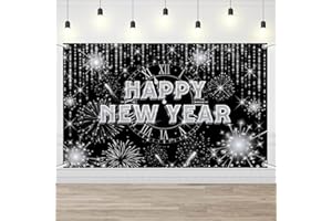 AIBIIN Black and Silver Happy New Year 2026 Backdrop Glitter Fireworks New Years Eve Party Decorations Countdown Clock Photo Booth Banner 70.8x43.3inch