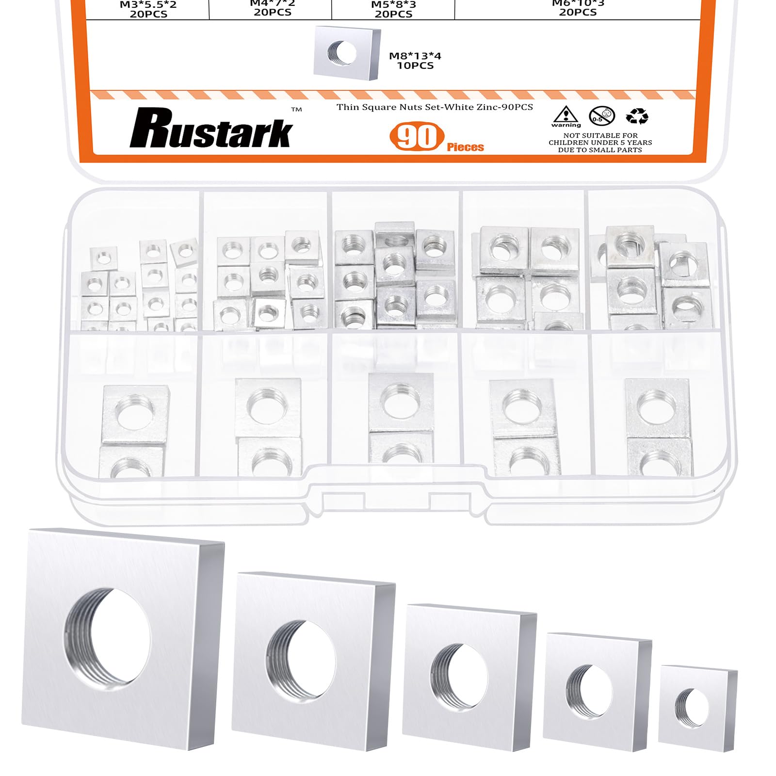 Rustark 90Pcs M3 M4 M5 M6 M8 Square Nuts Assortment Kit, White Zinc Plated Metric Coarse Thread Machine Square Nuts for Mechanical Electronic Equipment