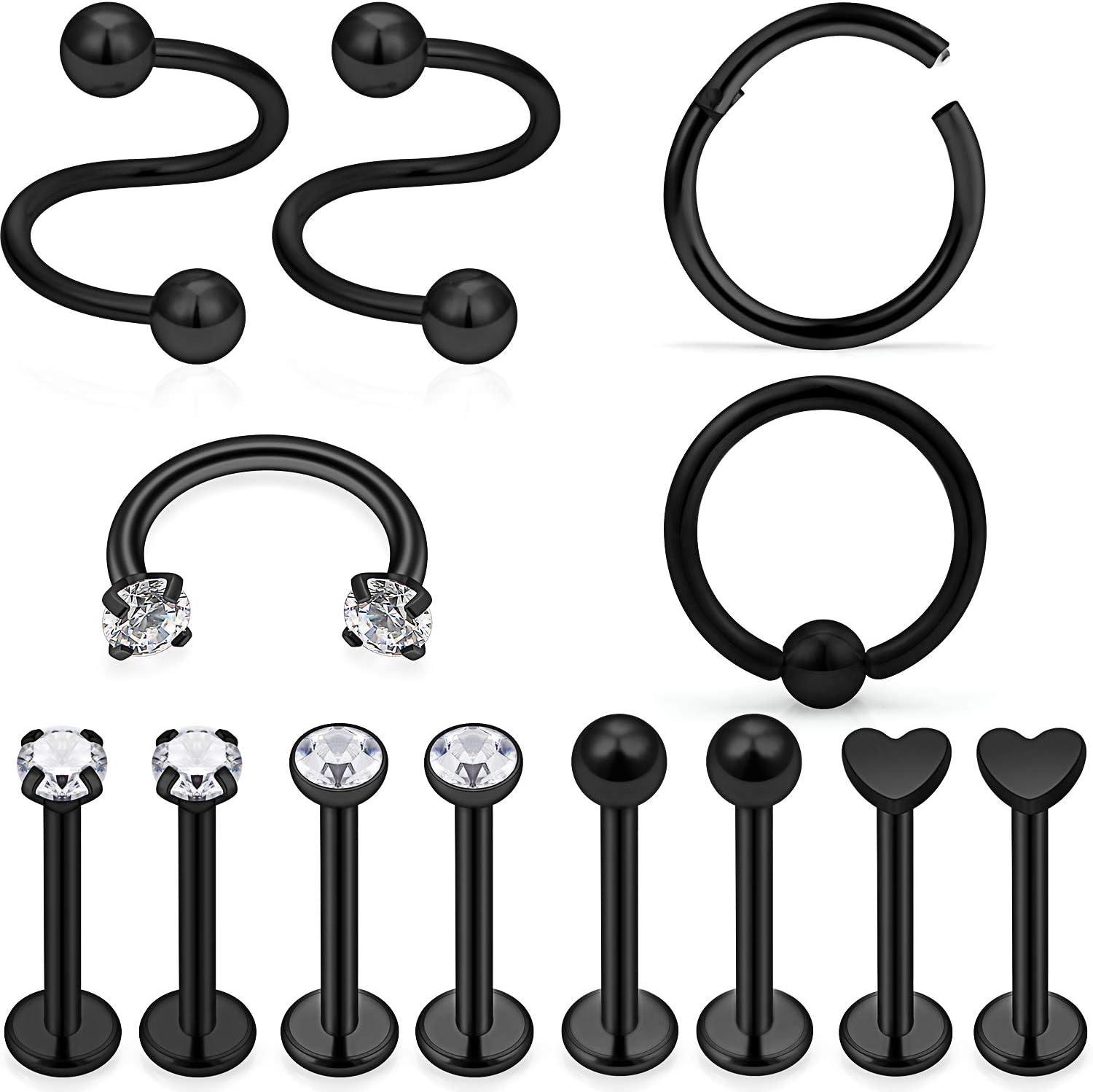 13pcs 16G Surgical Steel & Diamond CZ Tragus Earring Helix Cartilage Daith Hoop Rook Studs Spiral Twisted Barbell Lip Ring Piercing Jewelry for Women Men