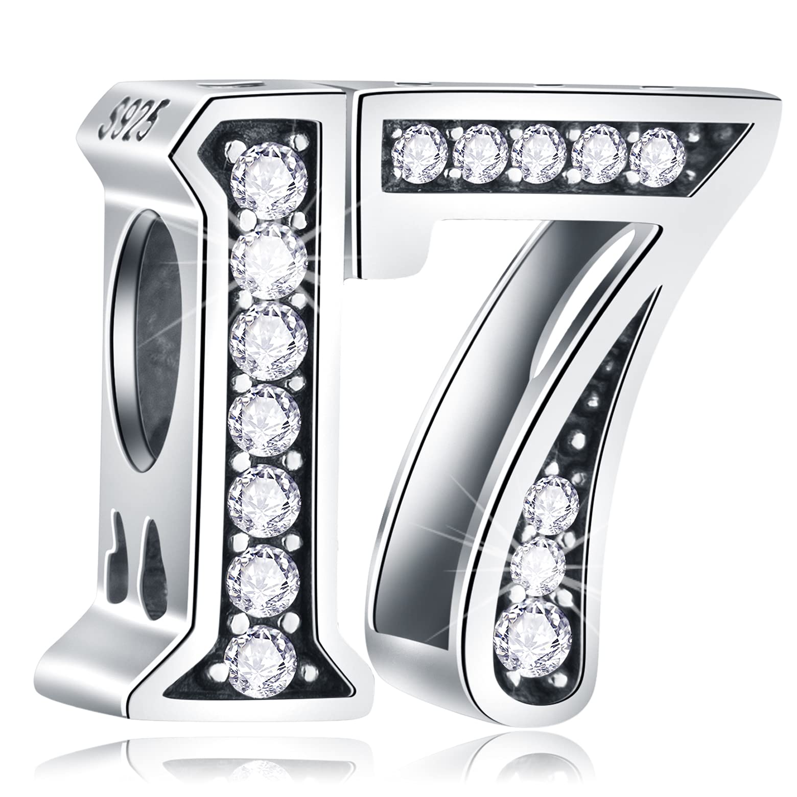 17 Birthday Charms fits Pandora Moment Bracelet, 925 Sterling Silver 17th Anniversary Beads with CZ Birthstones, Number 17 Years Old Gifts for Christmas/Thanksgiving Day