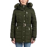 Michael Kors Womens Hooded Puffer Jacket with Faux Fur Trim and Belt, Heavy Winter Jackets for Women, Olive, Small