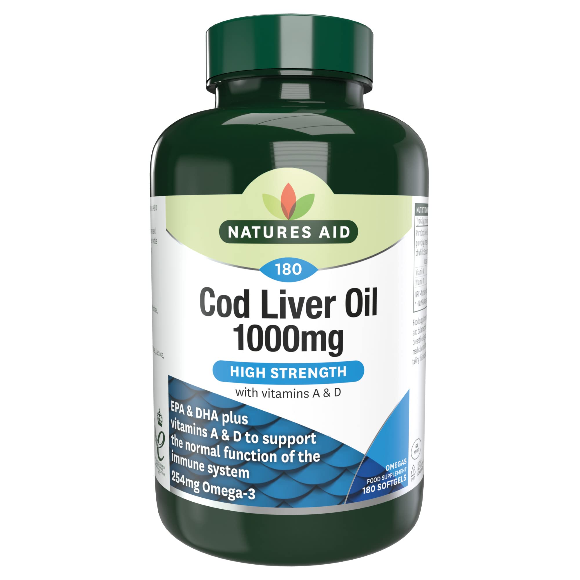 Natures Aid Cod Liver Oil 1000mg Softgels โ High Strength Omega-3 Fish Oil with Vitamins A & D โ Supports Immune System, Heart Health, Brain, Vision, Joints โ Non-GMO โ 180 Capsules