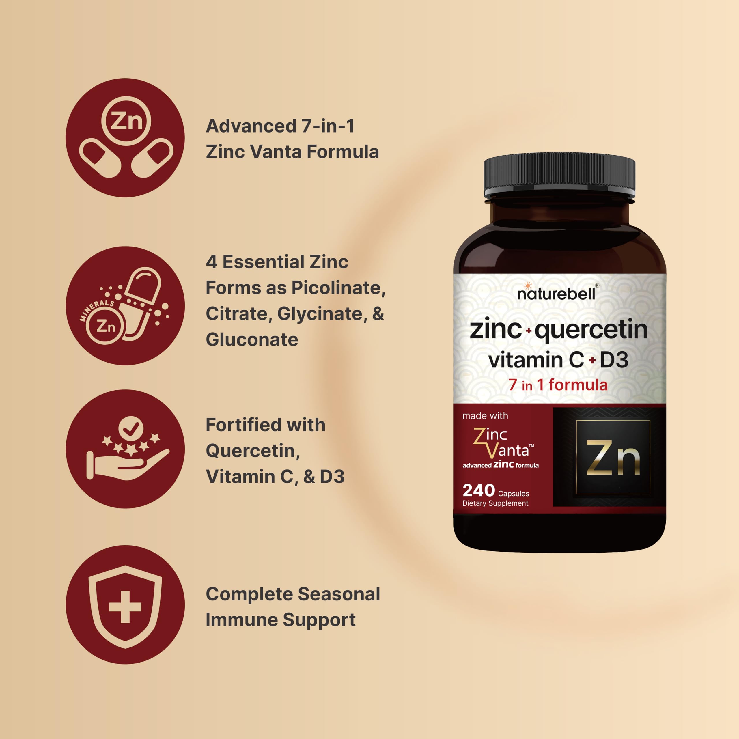 NatureBell Zinc Quercetin with Vitamin C & D3, 240 Capsules | Quercetin 1,000mg + Zinc 50mg + Vitamin C 250mg + Vitamin D3 5,000 IU | 4-in-1 Advanced Immune & Lung Support | ZincVanta Formula