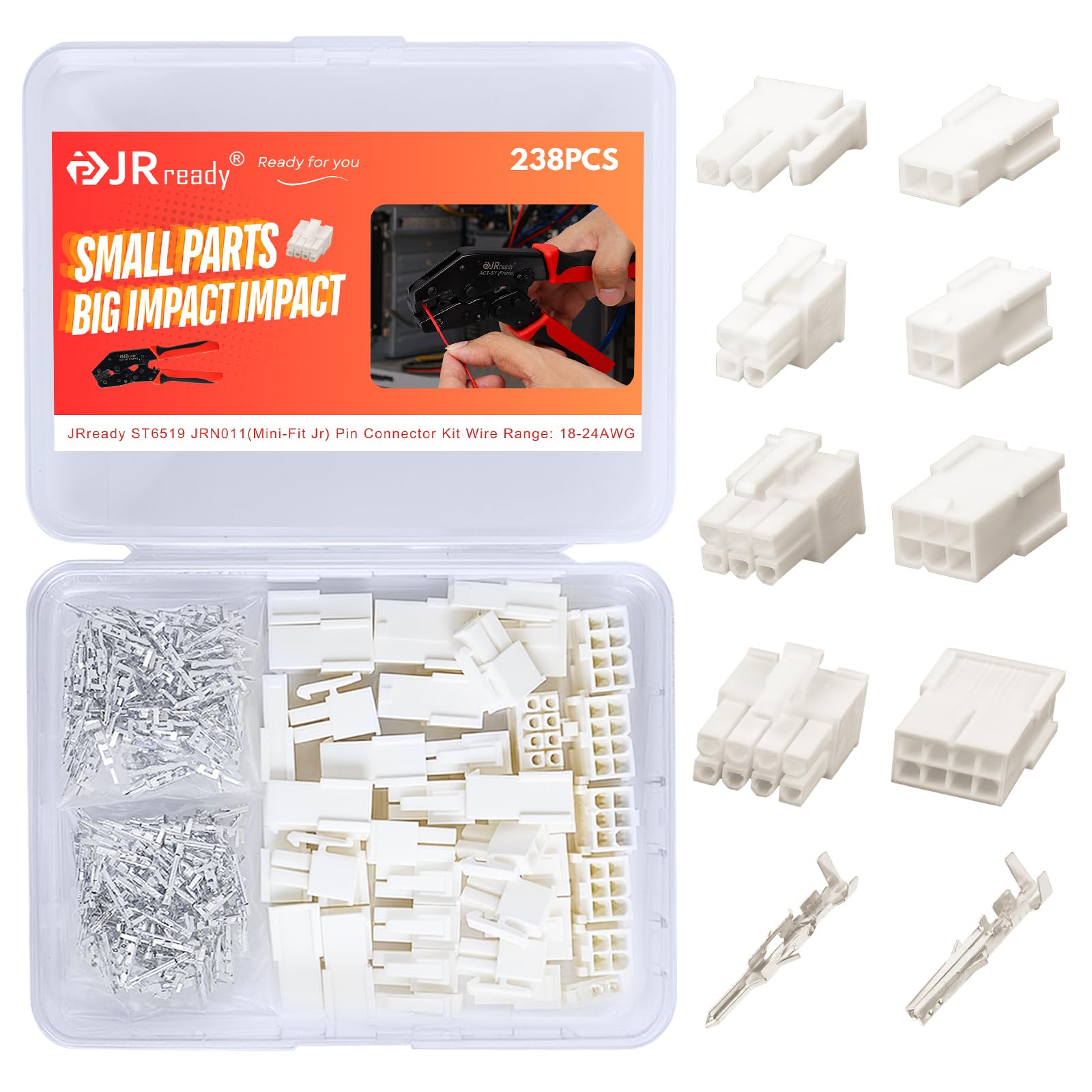 Photo 1 of JRready ST6519 238Pcs Mini-Fit Jr Pin Connector Kit Wire Automotive Electrical Male Female Connector 18-24AWG Terminals Pin and Sockets Molex 4.2mm Pitch