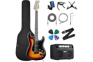 TOSTAR 39 Inch Full Size Electric Guitar Kit Solid Body Electric Guitar Beginner Kits with 10W Amp, Tuner, Capo, Wooden Guitar Stand, 6 String Set, 4 Guitar Picks, Cable, Strap, 600D Bag (10 in 1)