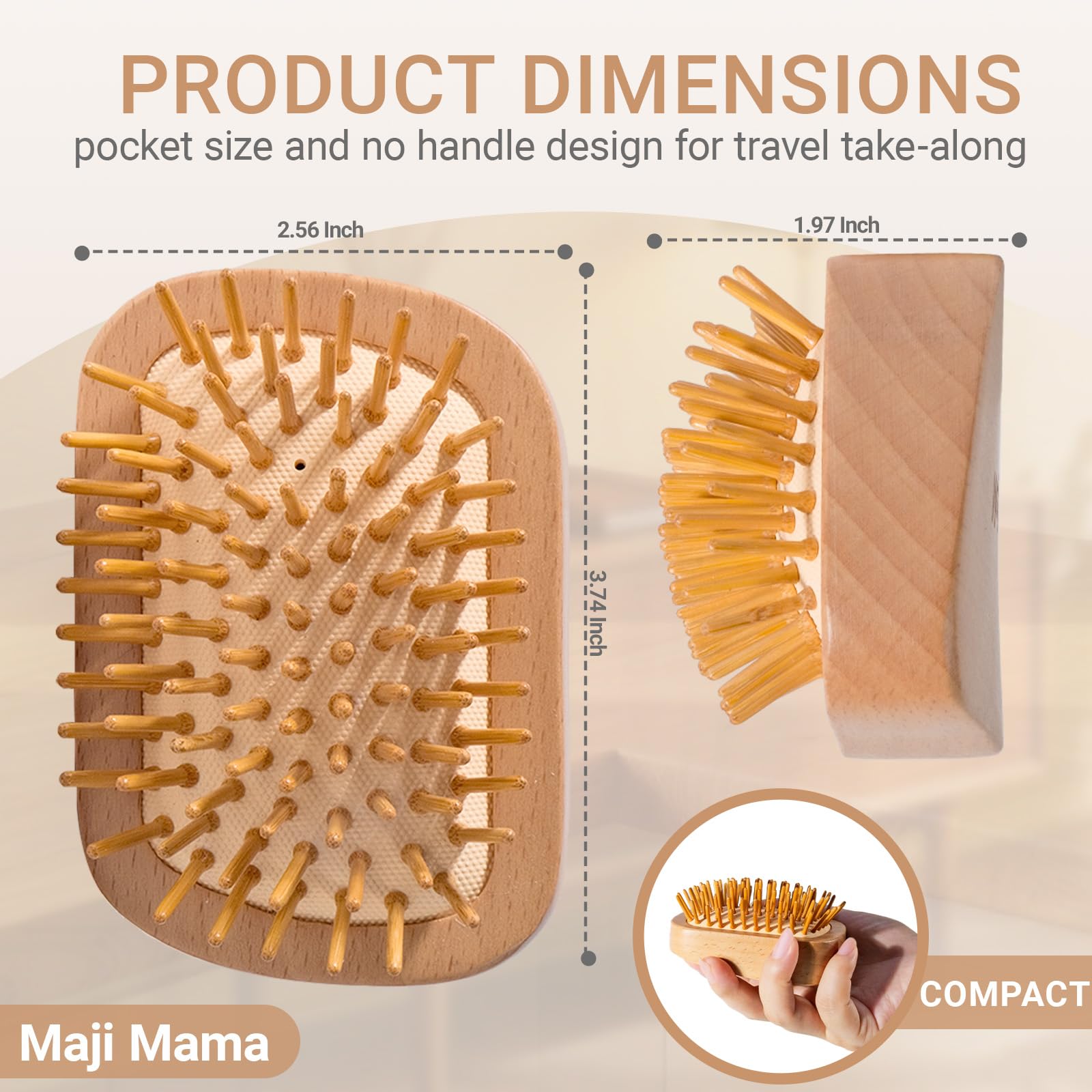 Maji Mama Handmade Natural Wooden Hair Brush Hairbrush with Bamboo Pins Massage Scalp & Detangling All Hair Types For Hair Growth,Scalp Massager Mini Brush No Handle Design