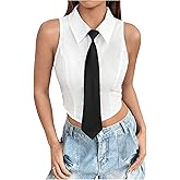 SOLY HUX Women's Button Down Sleeveless Crop Shirts Summer Tank Top Cropped Blouse with Matching Tie