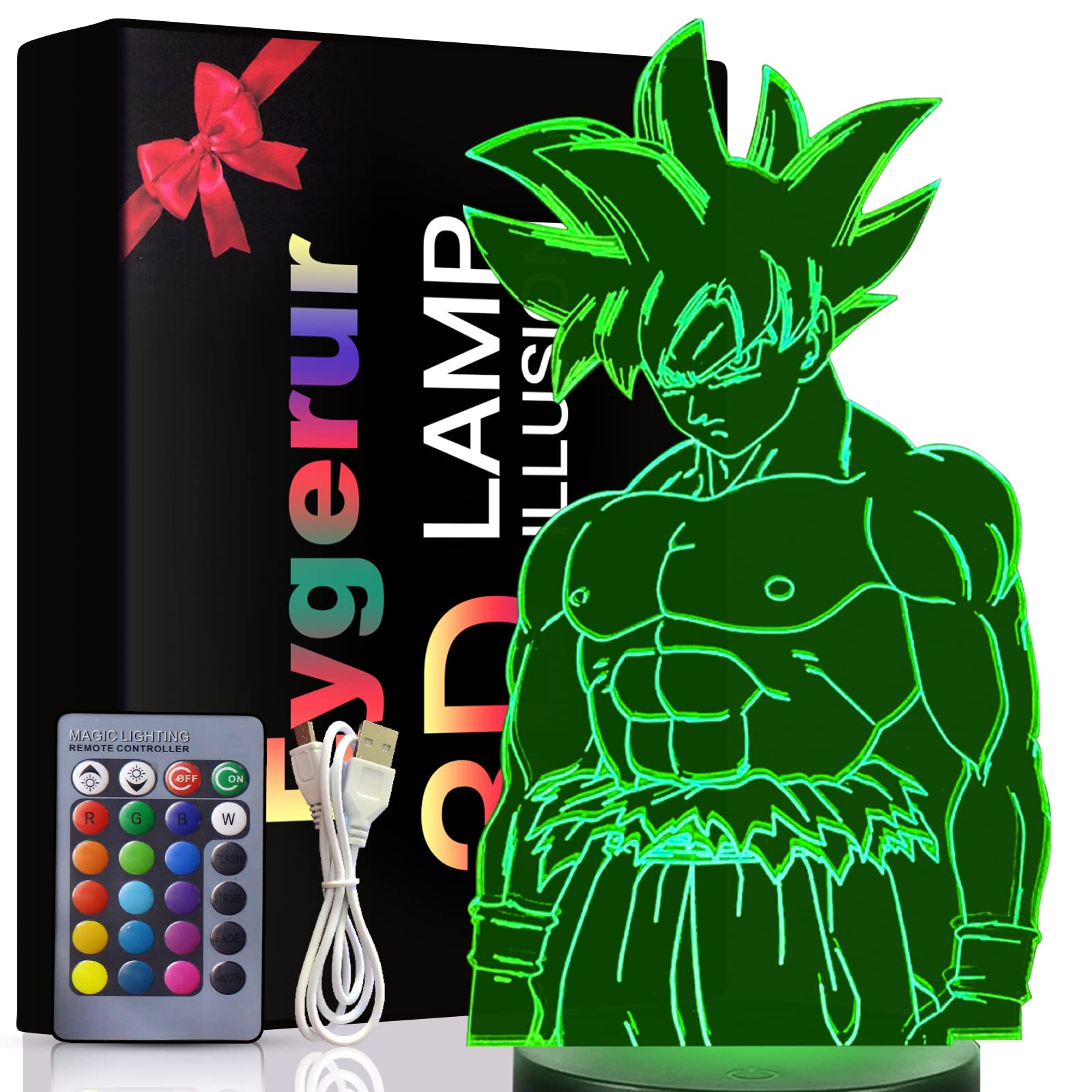 Eygerur Anime Goku Gifts Toy Decoration Night Light 3D LED Illusion Lamp with Remote Control & Touch 7 Colours + 16 Colours Changing Opreated Dimmable Bedside Lamp for Kids Men Goku Fans