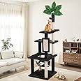 TSCOMON 61" Large Cat Tree Tower for Indoor Cats with DIY Green Leaves Scratching Post Multi Soft Hang Ball Plush Cat House Furniture 360° Rotating Cat Scratch Board with Hammock, Black