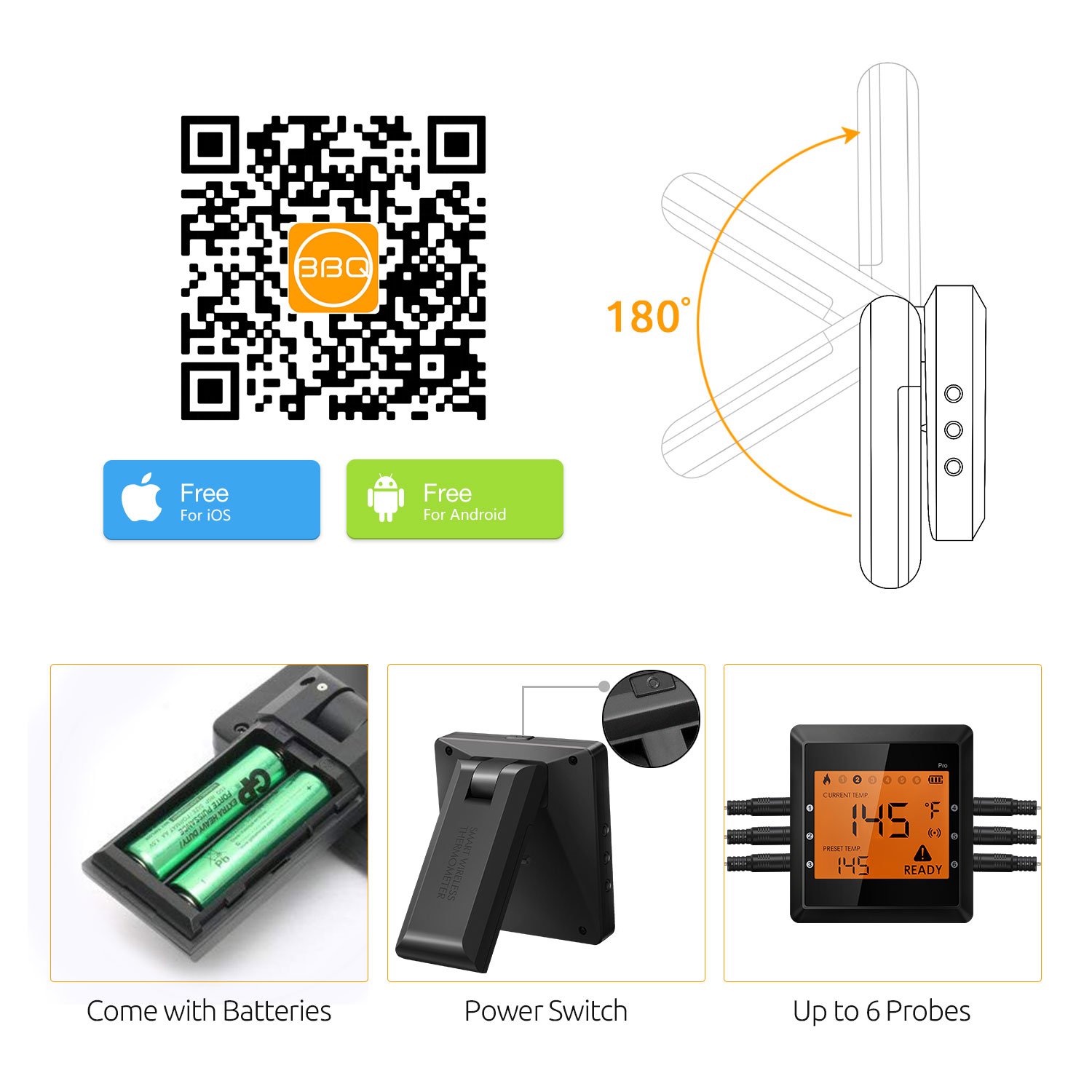 Meat Thermometer Wireless Smart Digital Bluetooth Super Fast Instant Read 6 Long Probes Grill Thermometer, Phone App Wifi Remote Food Thermometer for Kitchen Cooking Food BBQ Grill Candy Smoker ( IOS & Android )