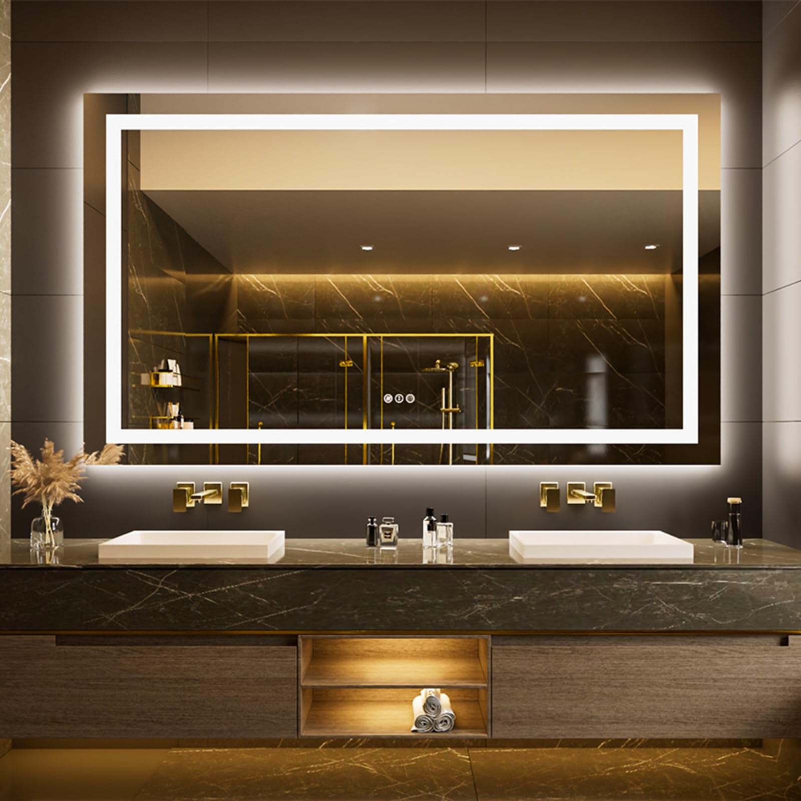 LOAAO 68"x40" LED Bathroom Mirror with Lights, Anti-Fog, Dimmable, Backlit + Front Lit, Lighted Bathroom Vanity Mirror for Wall, Memory Function Image